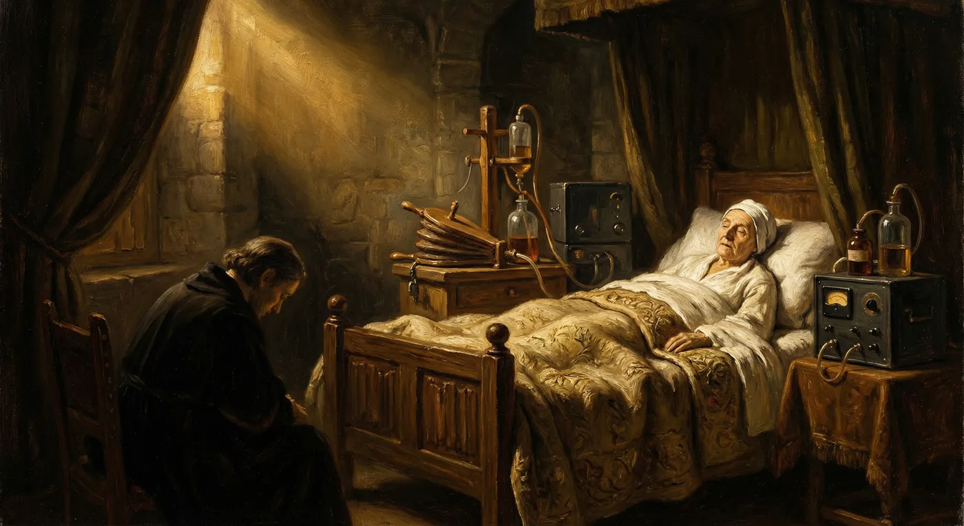 A painting in the style of Rembrandt: a patient in a canopy bed by candlelight, with drips and old-fashioned monitors, and a relative bowing beside the bed.