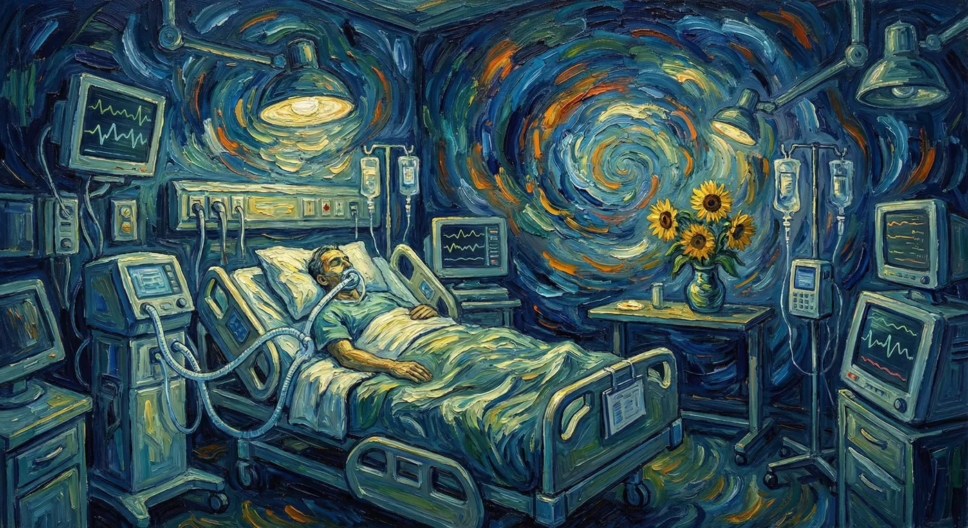 A painting in the style of Vincent van Gogh: a patient on a ventilator in an intensive care unit, with monitors, drips, swirling skies on the walls and a vase of sunflowers.